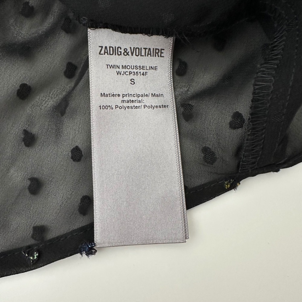 Zadig & Voltaire Twin Mousseline Swiss Dot Ruffle Blouse Black WJCP3514F Small - Picture 11 of 12